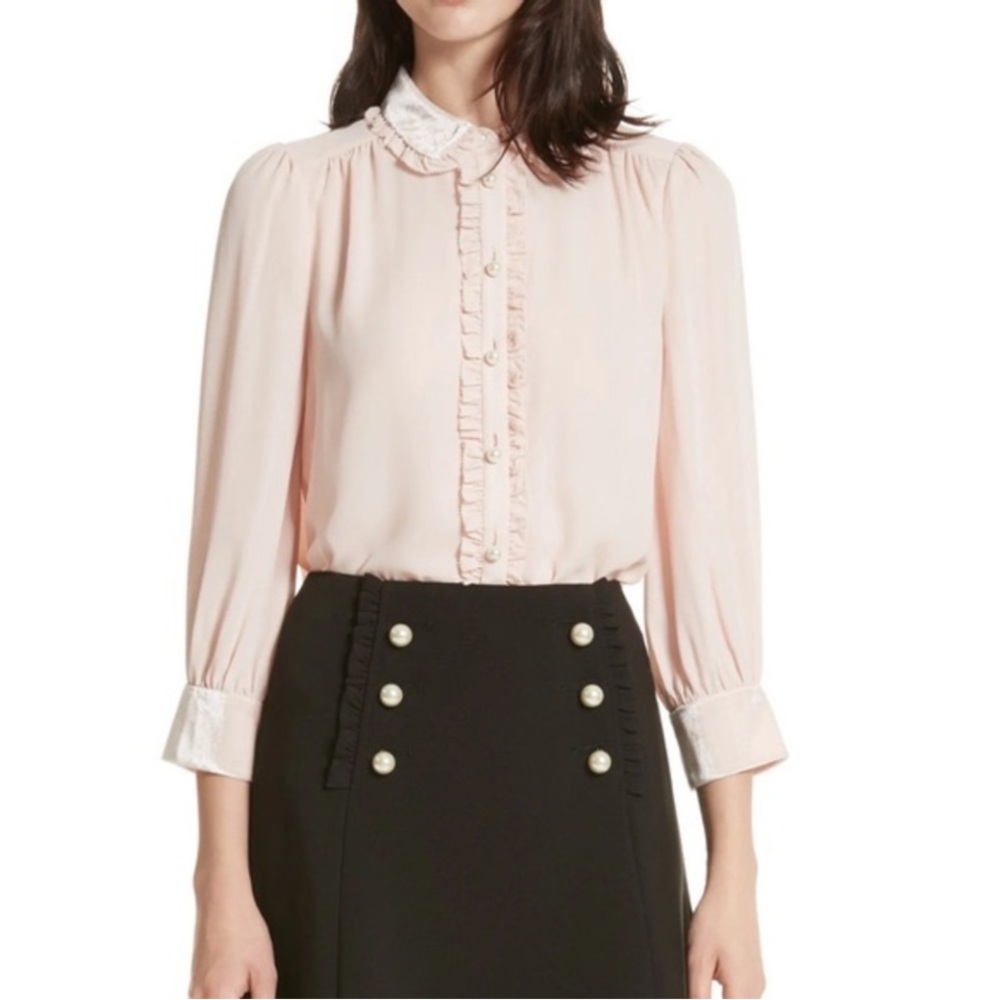 Kate Spade Velvet Trim Pearl Button Blouse in Rosedew NWT Women’s size XS. - Picture 2 of 9